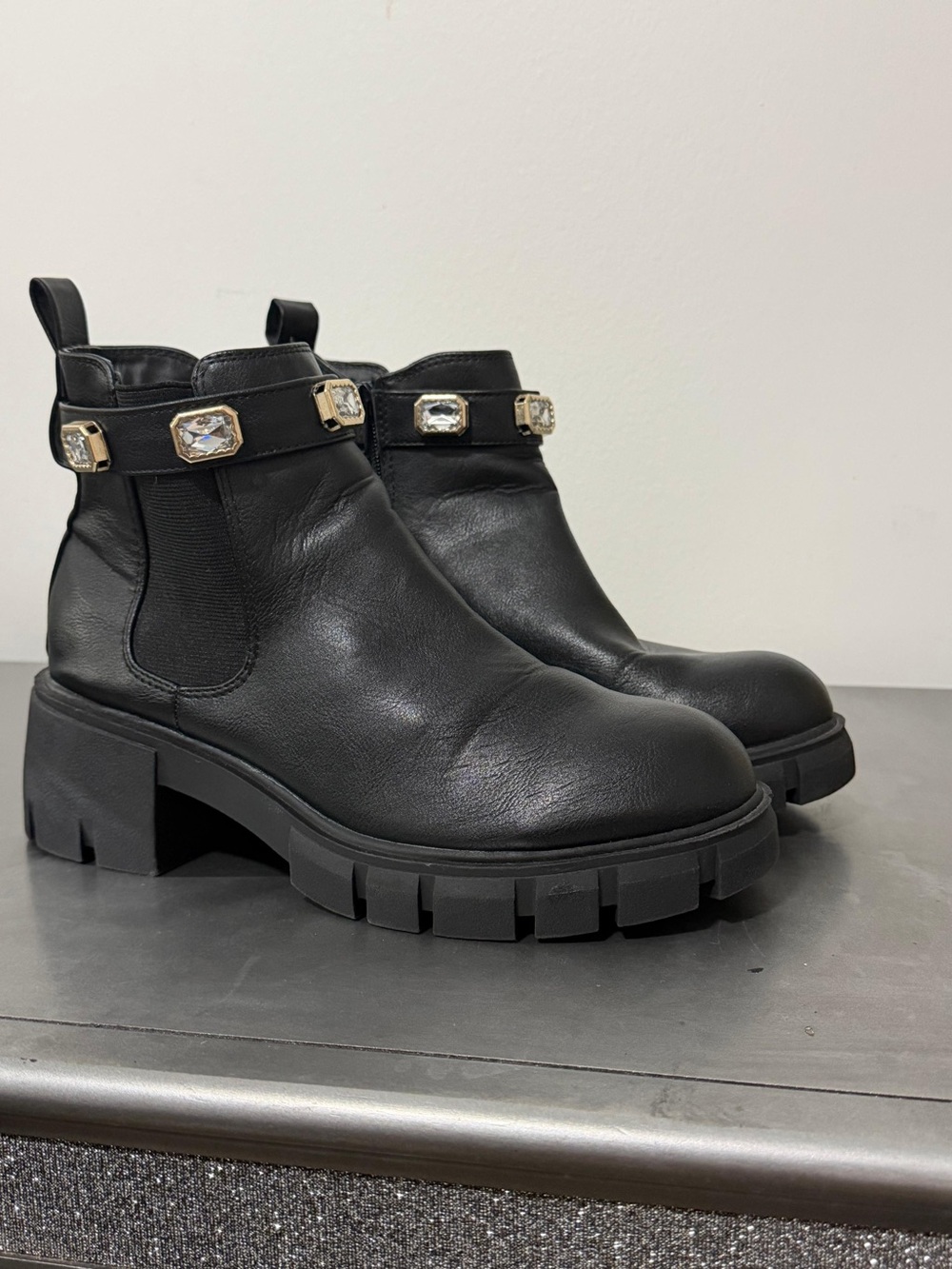 Black Chunky Chelsea Boots with Crystal Strap - Picture 1 of 2